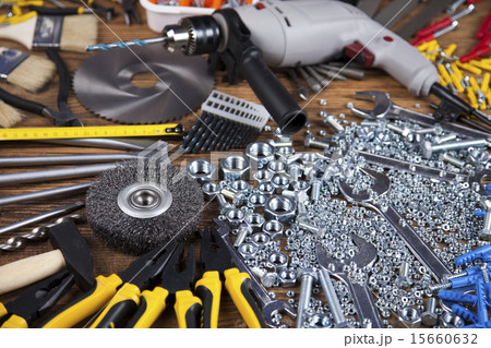 Set of different tools on wooden background Set of different tools on wooden background 15660632