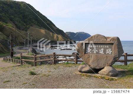 黄金道路入口・望洋台の春の風景、石碑付き。 15667474