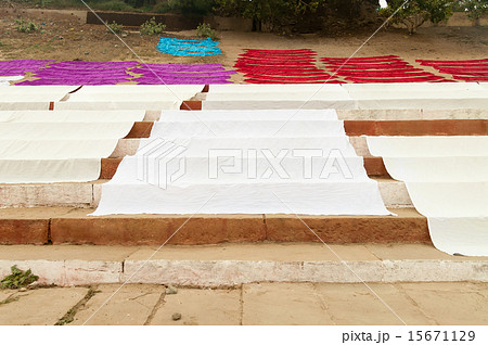 Laundry drying on steps of ghat near Ganga river 15671129