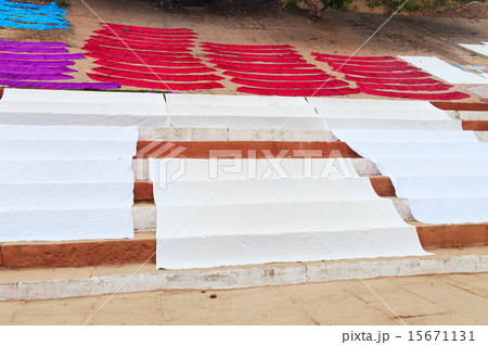 Laundry drying on steps of ghat near Ganga river 15671131