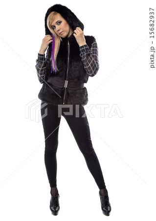 Photo of woman in short fur coat with belt Photo of woman in short fur coat with belt 15682937