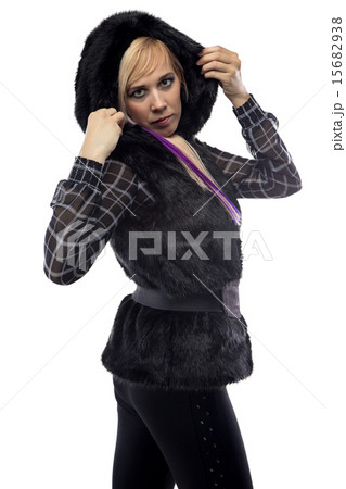 Image of woman in short fur coat with belt Image of woman in short fur coat with belt 15682938