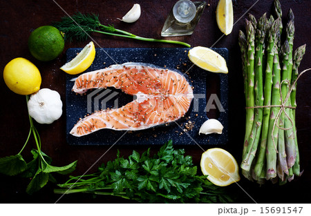 Salmon and spices on wooden table. Top view 15691547