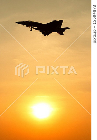 美しい夕日を背景に飛行する米海軍のFA-18Eスーパーホーネット戦闘攻撃機 15694873