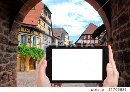 tourist photographs Riquewihr town, France 15706681