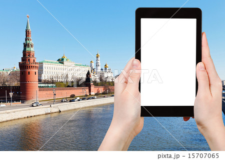 tourist photographs Moscow cityscape with Kremlin 15707065