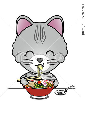 ラーメンを食べる猫のイラスト素材