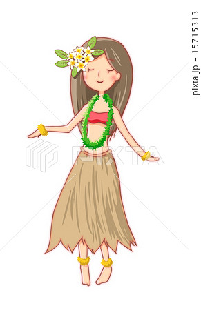 プルメリアをつけたフラダンスを踊るハワイアンフラガールのイラスト素材