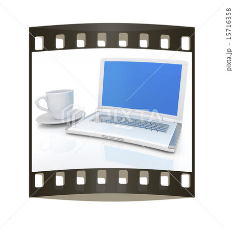 3d cup and a laptop. The film strip 3d cup and a laptop. The film strip 15716358