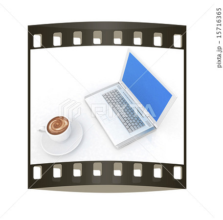 3d cup and a laptop. The film strip 3d cup and a laptop. The film strip 15716365