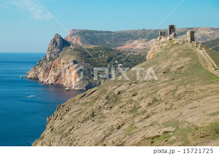 Sea landscape with rocks and tower. Sea landscape with rocks and tower. 15721725