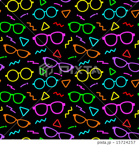 80年代風派手ファンシーでかわいいメガネ柄パターン 黒 ネオンカラー 壁紙 背景イラスト素材のイラスト素材