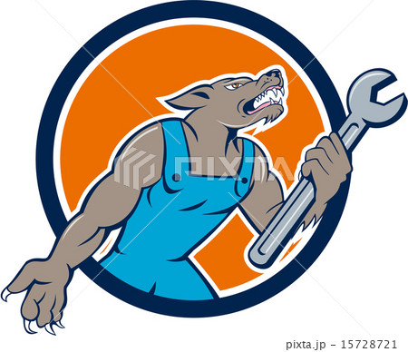Wolf Mechanic Spanner Circle Cartoon 15728721