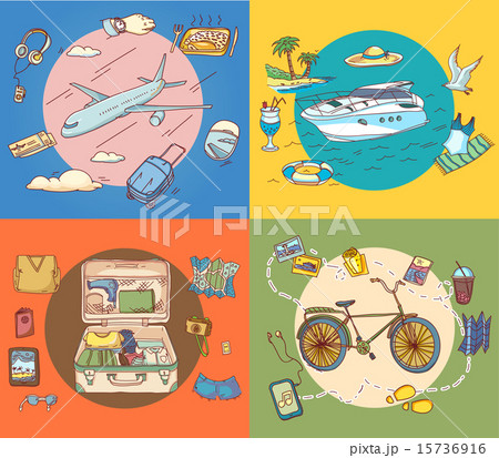 Suitcase with things clothing Air Bicycle and Ship travel hand drawn concept traveling tourism 15736916