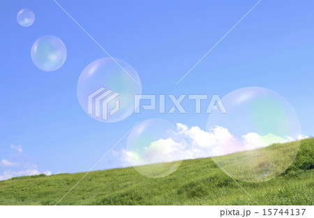 シャボン玉と草原（よこ） 15744137