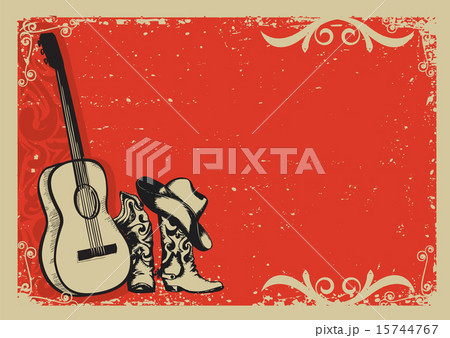 Vintage poster with cowboy boots and music guitar Vintage poster with cowboy boots and music guitar 15744767