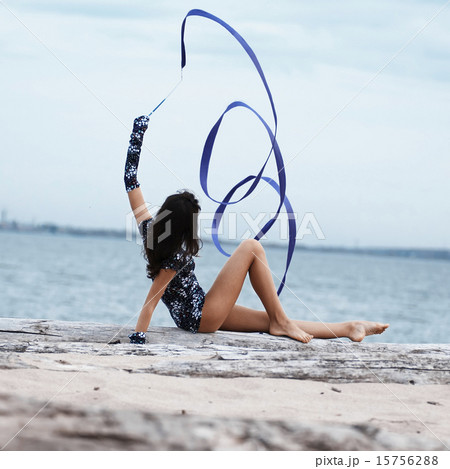 Young gymnast girl dance with ribbon 15756288