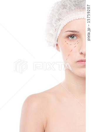 Beautician draw correction lines on woman face Beautician draw correction lines on woman face 15759207