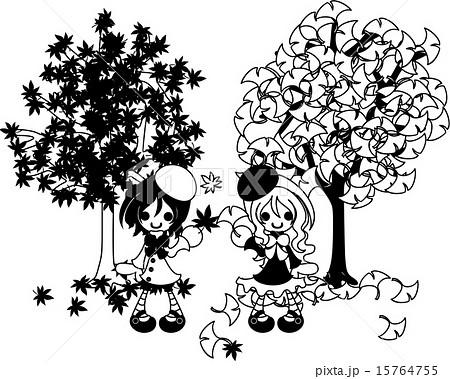 紅葉の木とイチョウの木と ふたりの少女 のイラスト素材