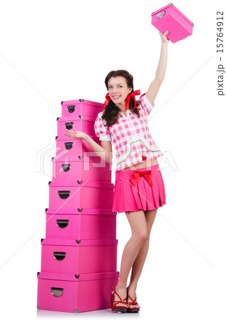 Young woman with storage boxes on white 15764912