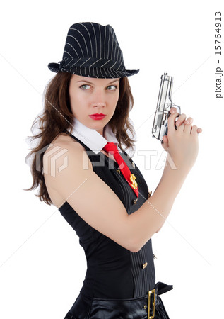 Young woman gangster with gun on white 15764913