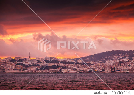 Bright red sunset sky over Tangier city, Morocco Bright red sunset sky over Tangier city, Morocco 15765416