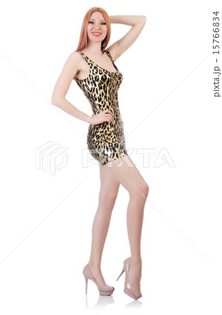 Model wearing fashionable clothing on white 15766834