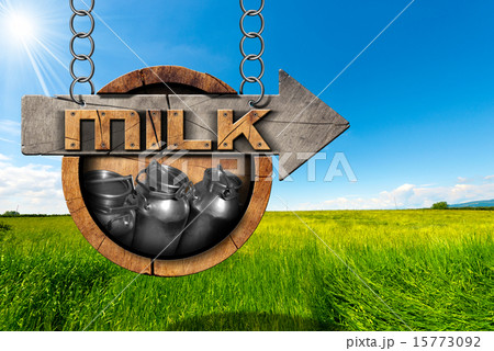 Milk Cans - Wooden Sign with Arrow in Countryside 15773092