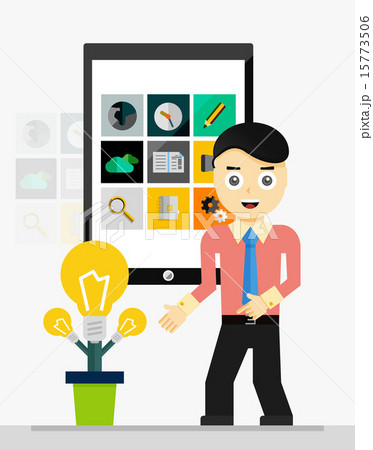 Mobile app startup idea. Young businessman showing growing plant of light bulbs 15773506