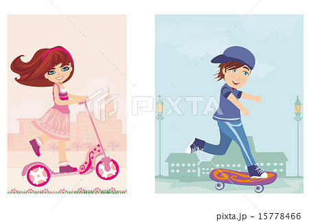 happy boy on a skateboard and girl on scooter 15778466