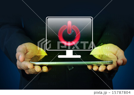 Man showing the power button Man showing the power button 15787804
