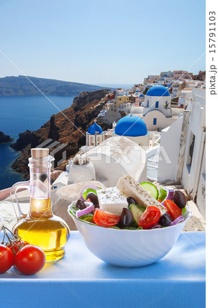 Santorini island with Greek salad in Greece 15791103