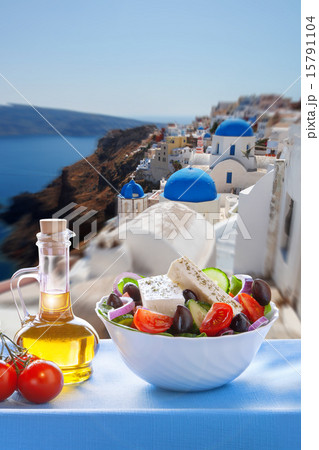 Santorini island with Greek salad in Greece 15791104