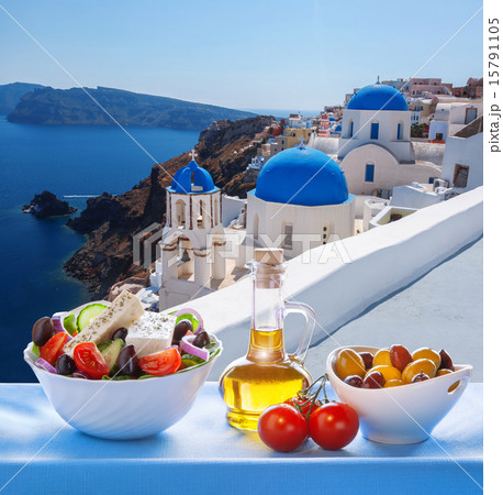 Santorini island with Greek salad in Greece 15791105