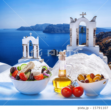 Santorini island with Greek salad in Greece 15791107