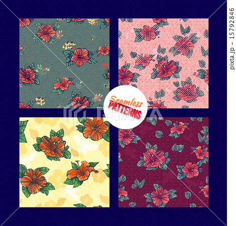 Hawaiian hibiscus seamless pattern set.  15792846