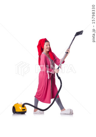 Woman working with vacuum cleaner on white Woman working with vacuum cleaner on white 15798330