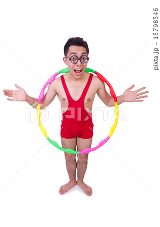 Funny sportsman with hula hoop on white 15798546
