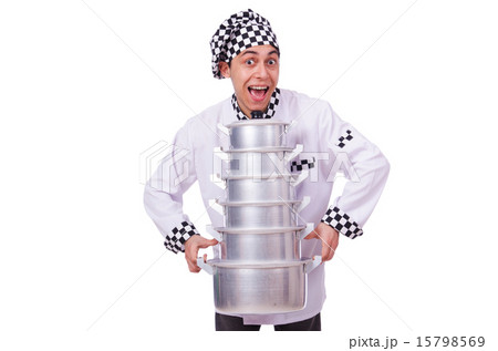 Cook with stack of pots on white 15798569
