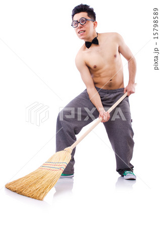 Funny man with broom on white Funny man with broom on white 15798589