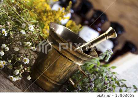 Assorted natural medical herbs and mortar 15803058