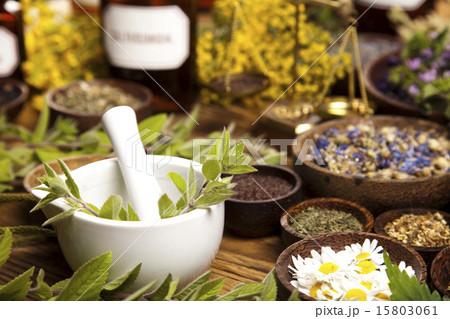 Assorted natural medical herbs and mortar 15803061