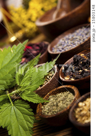 Natural medicine, herbs, mortar, natural colorful  15803148