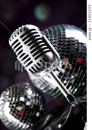 Microphone, vinyl record and Disco Balls, music Microphone, vinyl record and Disco Balls, music 15803203