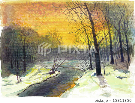 水彩画 冬の夕日と森 のイラスト素材