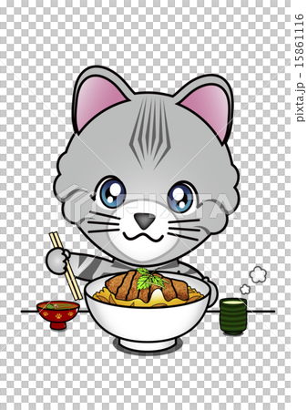 かつ丼を食べる猫のイラスト素材 かつ丼を食べる猫のイラスト素材
