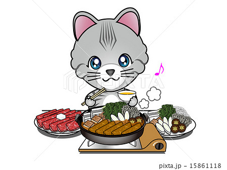 すき焼きを食べる猫のイラスト素材