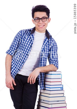 Student with lots of books on white 15865399
