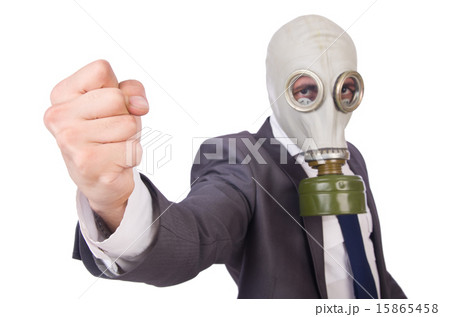 Businessman wearing gas mask isolated on white 15865458