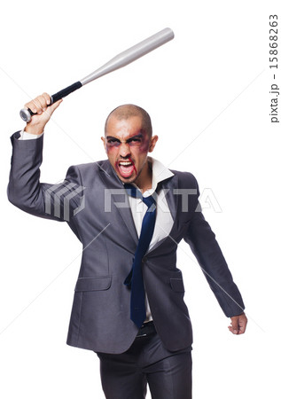 Badly bruised businessman with bat on white 15868263
